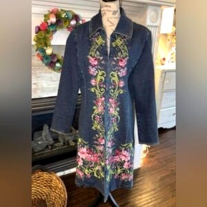 Live A Little Embroidered Women's Duster Jean Jacket Coat Sz Medium Excellent!